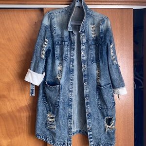 Distressed denim walking coat